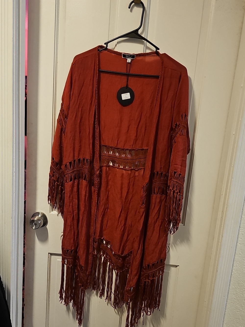ViVI Rust Fringe Open-Front Boho Cape